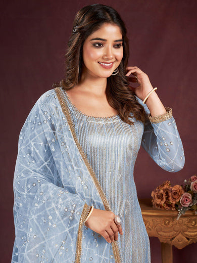 Astonishing Sky-Blue Sequins Net Salwar Kameez With Dupatta